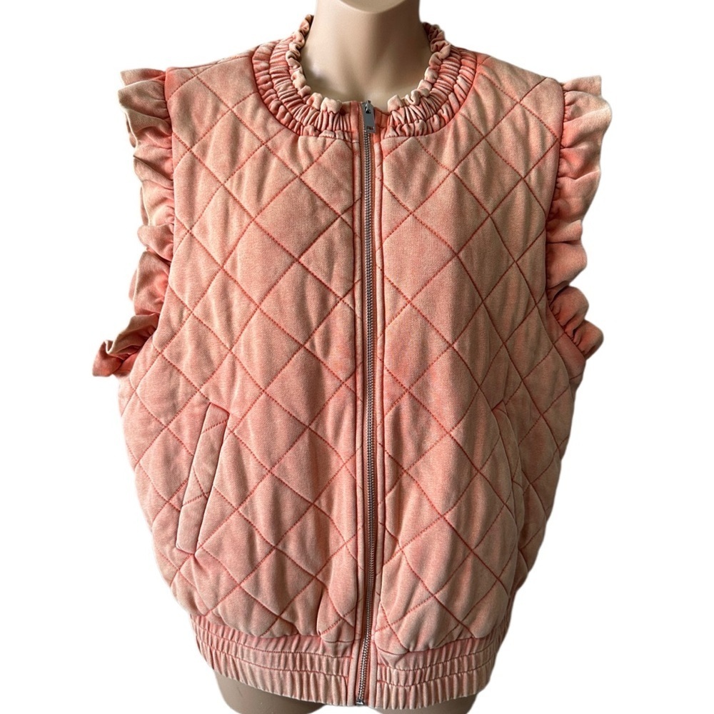 Promise LA Quilted Ruffle Vest L Peach Coral Sleeveless Jacket Cotton Fall Boho